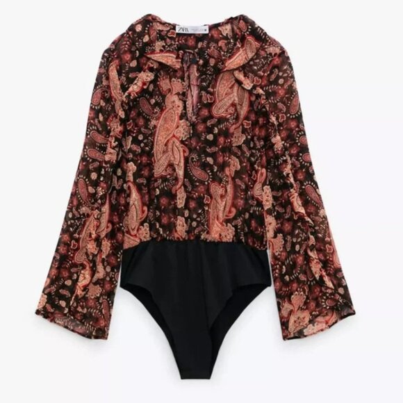 Zara Tops - Zara Printed Ruffled Bodysuit Multicolor Sz XS